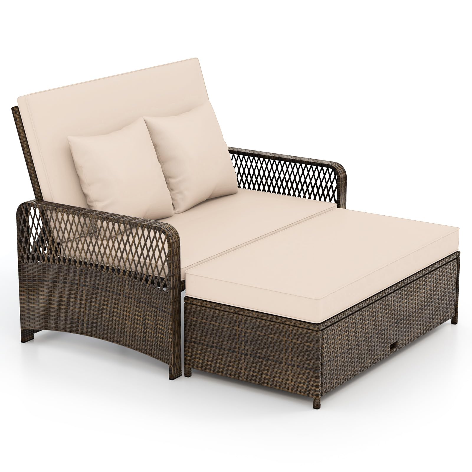 Tangkula Bain de Soleil Réglable en Rotin pour Patio, Canapé Deux Places et Pouf de Rangement avec Dossier à 4 Niveaux et Coussins Moelleux